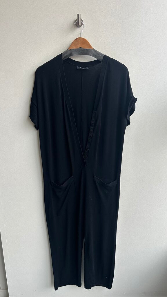 Pre-Owned Zara Black Short Sleeve Button Front Jumpsuit - Size Small