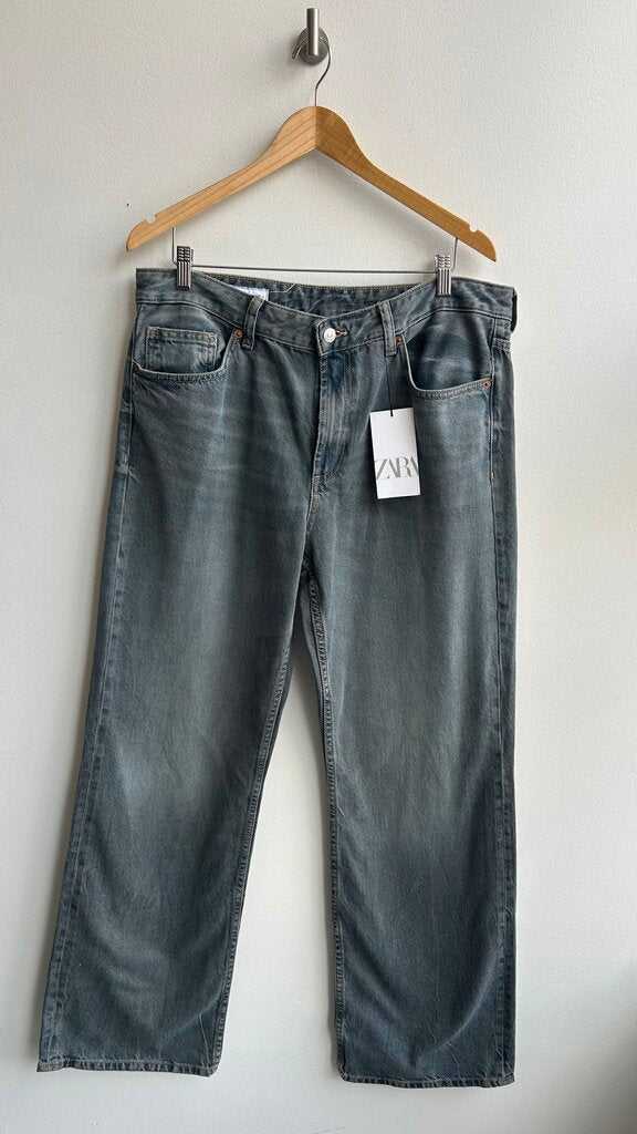 Pre-Owned Zara Grey/Blue Mid Rise Full Length Wide Leg Jeans (NWT)- Size 14
