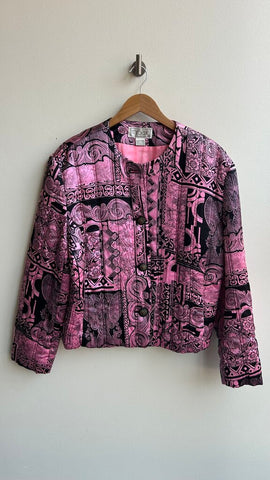 Pre-Owned Mr. Jax Pink/Black Printed 100% Silk Button Up Jacket- Size 16