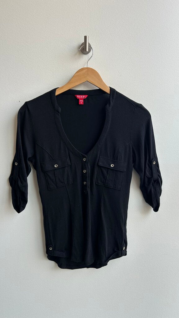 Pre-Owned Guess Black 3/4 Sleeve V-Neck Top- Size X-Small