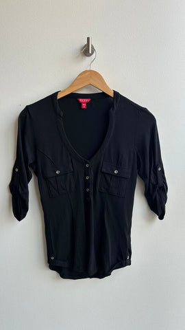 Pre-Owned Guess Black 3/4 Sleeve V-Neck Top- Size X-Small