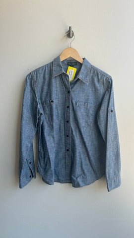 Pre-Owned Lauren Jeans Co Blue/Grey Denim Collared Button Up Blouse- Size Medium
