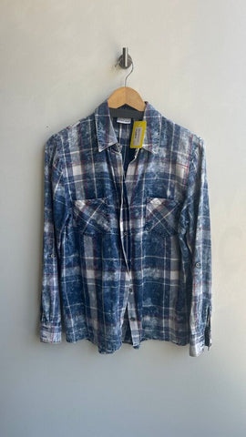 Pre-Owned Tribal Jeans Blue/White Plaid Collared Button Up- Size Medium