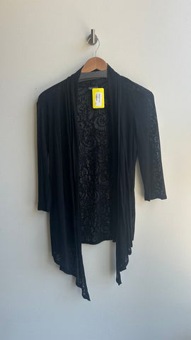 Pre-Owned Clientele Black Sheer Printed Waterfall Cardigan- Size Medium (Estimated)