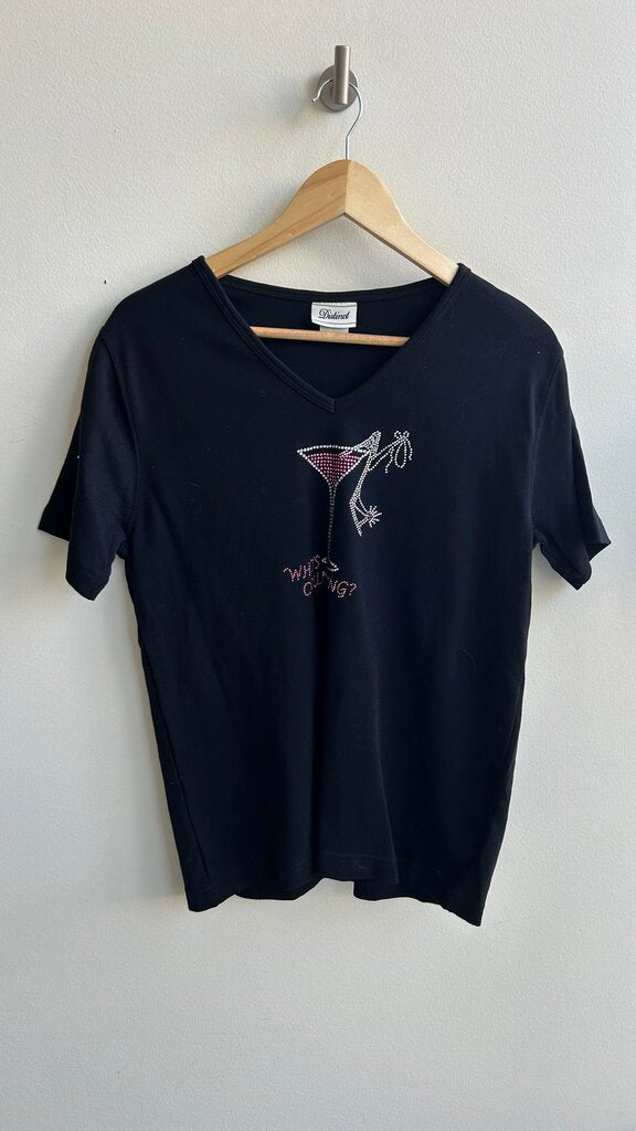 Pre-Owned Distinct Black Bedazzled Pink Martini T-Shirt- Size Medium