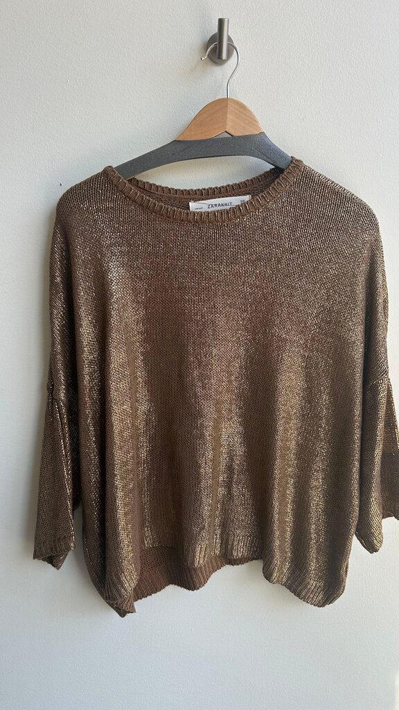 Pre-Owned Zara Gold Knit Short Sleeve Oversized Fit Sweater- Size Medium