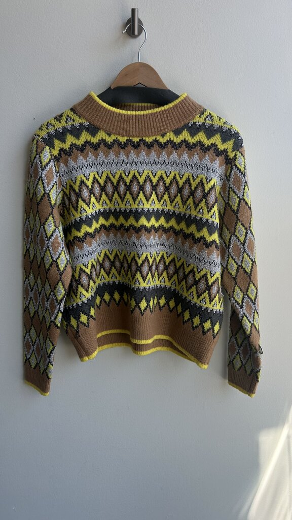 Pre-Owned Zara Yellow/Brown/Silver Patterned Sweater - SIze Large