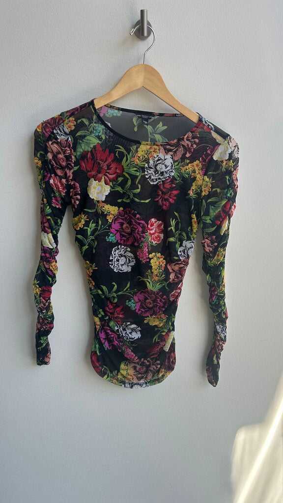 Pre-Owned Guess Black Floral Mesh Long Sleeve Top - Size X-Small