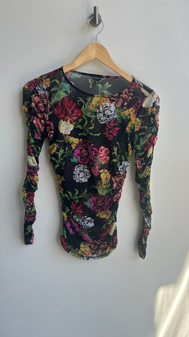 Pre-Owned Guess Black Floral Mesh Long Sleeve Top - Size X-Small