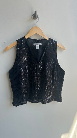 Pre-Owned Jacqueline Conoir Black Sequin Sleeveless Sheer Top - Size 12