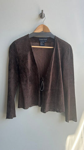 Pre-Owned Trtistan & Iseut Brown Punch Cut Genuine LEather Tie Front Sweater- Size Medium