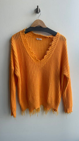 Pre-Owned Main Stripe Neon Orange Knit Distressed Hems Sweater- Size Large