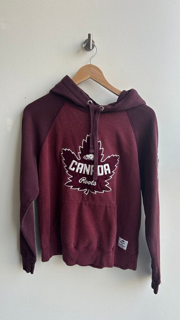 Pre-Owned Roots Red Maple Leaf Logo Kangaroo Pocket Hoodie- Size Large