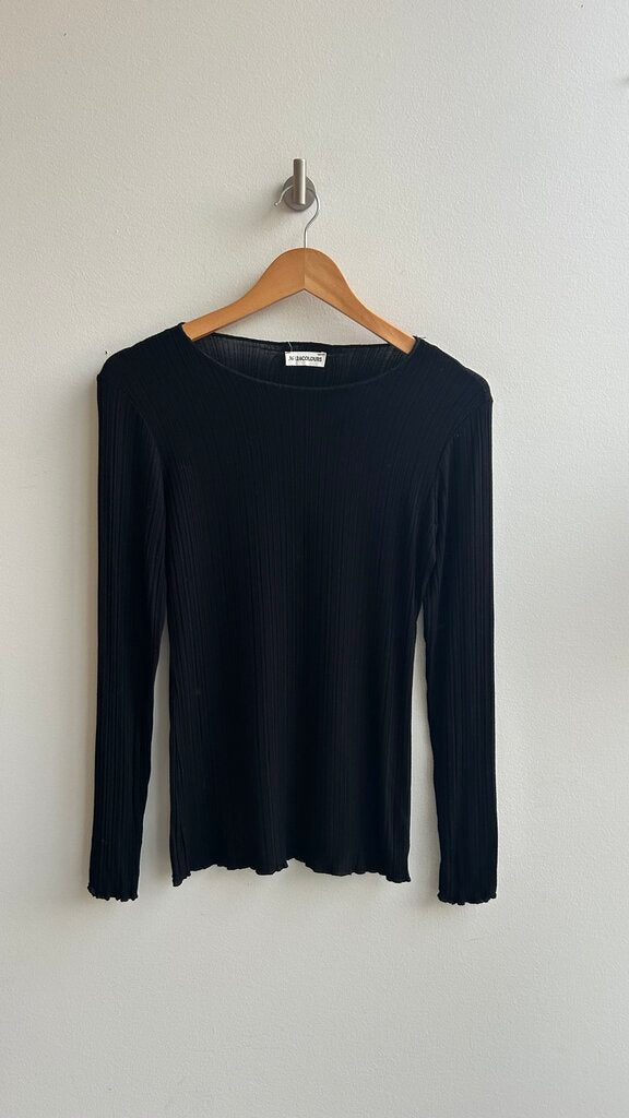 Pre-Owned 24Colours Black Ribbed Lettuce Trim Long Sleeve Top- Size Small (Estimated)