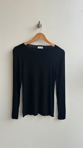 Pre-Owned 24Colours Black Ribbed Lettuce Trim Long Sleeve Top- Size Small (Estimated)