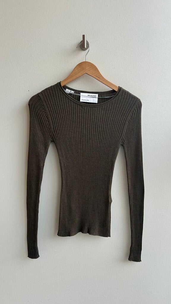 Pre-Owned Selected Femme Green Ribbed Long Sleeve Top- Size X-Small
