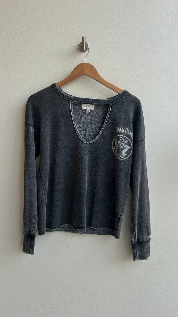 Pre-Owned Lucky Brand Grey Jack Daniels Graphic Cut Out Neck Sweater- Size X-Small