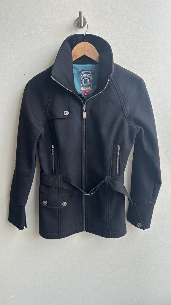 Pre-Owned Three Stones Black Belted Collared Jacket- Size Small