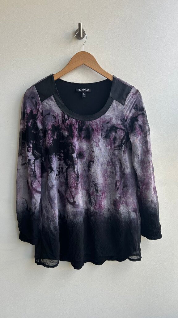 Pre-Owned Picadilly Fashion Consign Black/Purple Sheer Overlay Long Sleeve Top- Size Medium