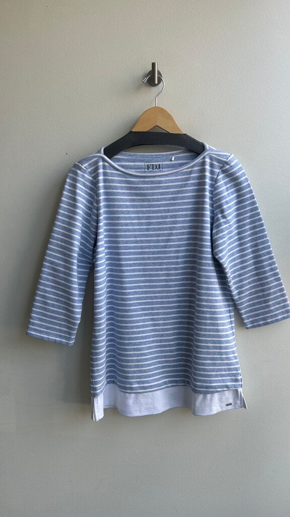 Pre-Owned FDJ Blue/White Stripe Boat Neck 3/4 Sleeve Top- Size Medium