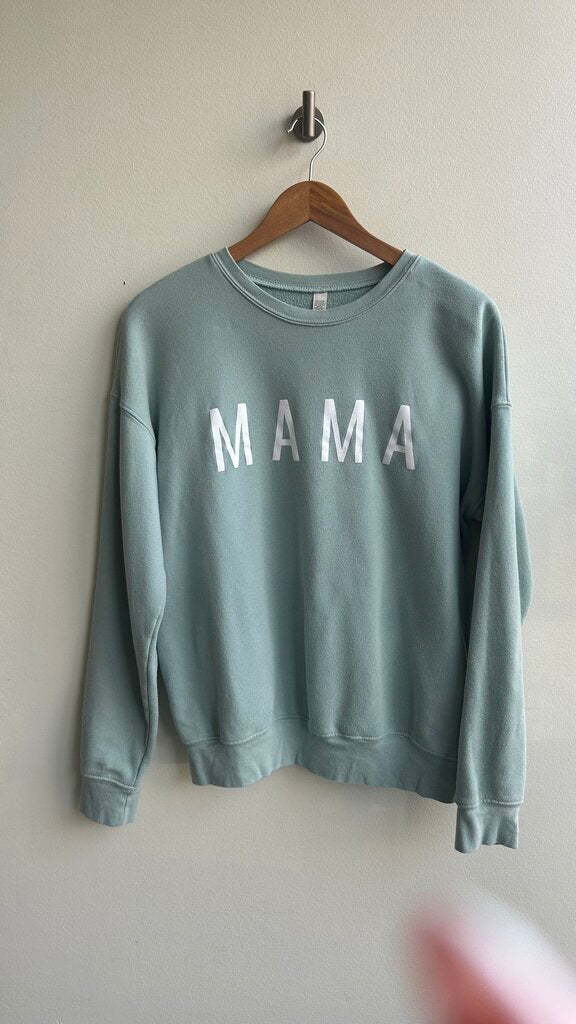 Pre-Owned Light Green 'Mama' Front 'Raise Them Good' Back Crew Neck Sweater- Medium