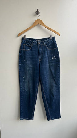 Pre-Owned Guess Dark Wash Mom Tapered High Waist Distressed Jeans- Size 28