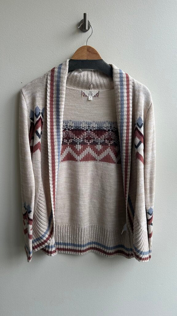 Pre-Owned Pink Rose Cream with Pink/Blue Knit Detail Fold Lapel Cardigan- Size Medium