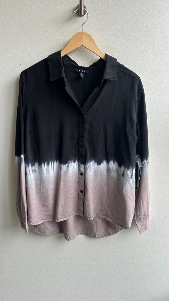 Pre-Owned Tribal Black/Grey Ombre Button Up Long Sleeve Collared Shirt (NWT)- Size Large