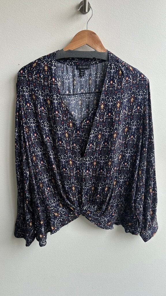 Pre-Owned Tribal Blue Multi Print Long Sleeve Top- Size X-Large