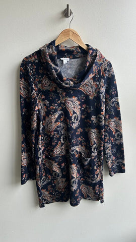 PRe-Owned Tribal Blue/Orange Paisley Print Cowl Neck Tunic- Size Large