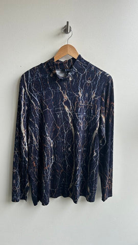 Pre-Owned FDJ Black Marble Print Mock Neck Long Sleeve Top- Size X-Large