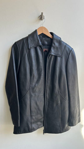 Pre-Owned Danier Black Leather Zipper Pockets Collared Removable Lining Jacket- Size Small