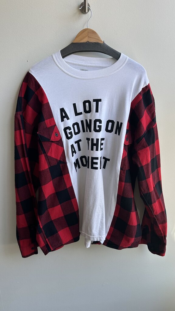 Pre-Owned Upcycled White 'A Lot Going on At The Moment' Tee with Red/Black Flannel Long Sleeve Top- XX-Large (Estimated)