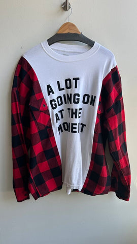 Pre-Owned Upcycled White 'A Lot Going on At The Moment' Tee with Red/Black Flannel Long Sleeve Top- XX-Large (Estimated)