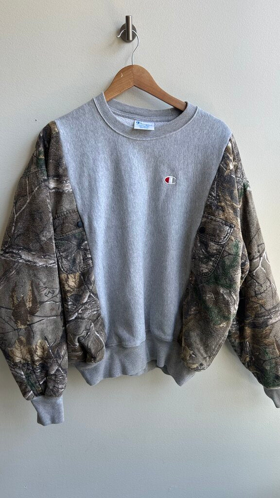Pre-Owned Upcycled Grey Chamnpion Sweater with Real Green Camo Thick Sleeves Crewneck- Size Medium