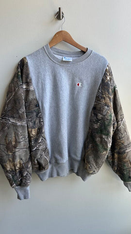 Pre-Owned Upcycled Grey Chamnpion Sweater with Real Green Camo Thick Sleeves Crewneck- Size Medium