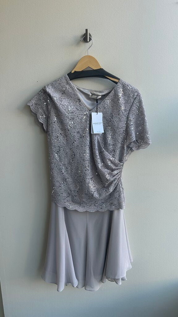 Pre-Owned Jacques Vert Silver Lace Sparkle Cross Over Front Blouse with Matching Skirt 2 PC Set (NWT)- Size 14