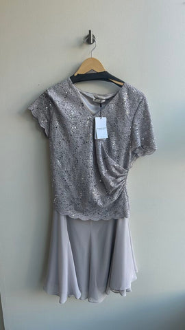 Pre-Owned Jacques Vert Silver Lace Sparkle Cross Over Front Blouse with Matching Skirt 2 PC Set (NWT)- Size 14