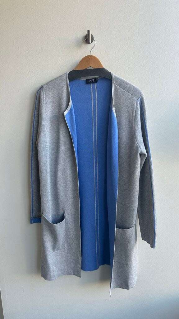 Pre-Owned Yest Light Grey with Blue Detail Longline Cardigan- Size 10