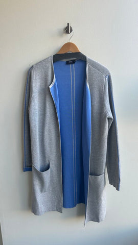 Pre-Owned Yest Light Grey with Blue Detail Longline Cardigan- Size 10