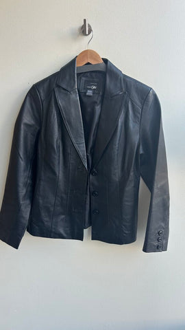Pre-Owned East 5th Black Genuine Leather Button Up Collared Jacket - Size Medium