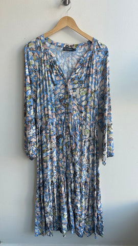 Pre-Owned Soaked in Luxury Blue Printed Button Up Long Sleeve Dress- Size X-Large