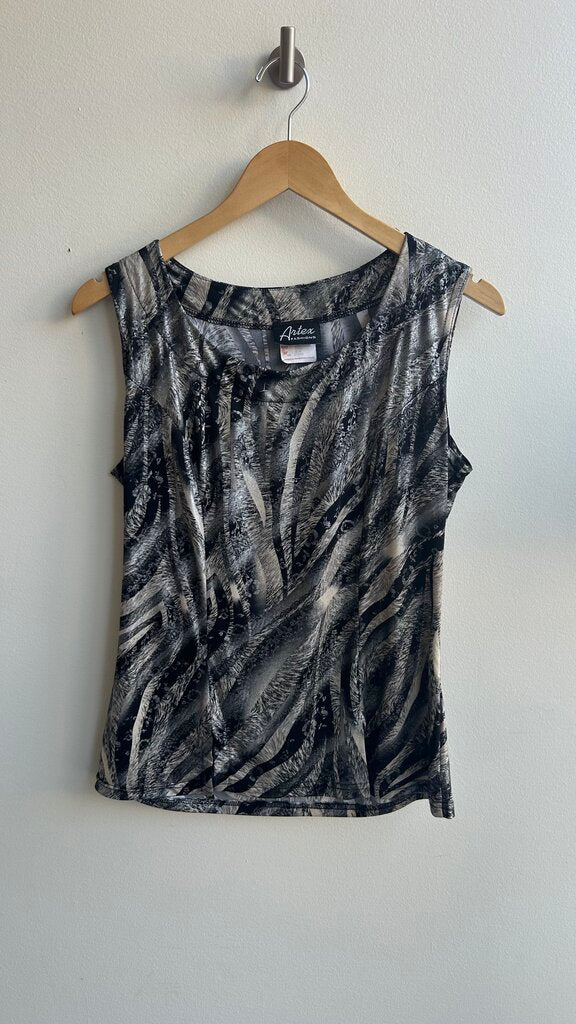 Pre-Owned Artex Fashions Grey/Black Printed Sleeveless Blouse - Size Medium