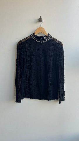 Pre-Owned Rebecca Taylor Black Lace Long Sleeve Blouse - Size 10