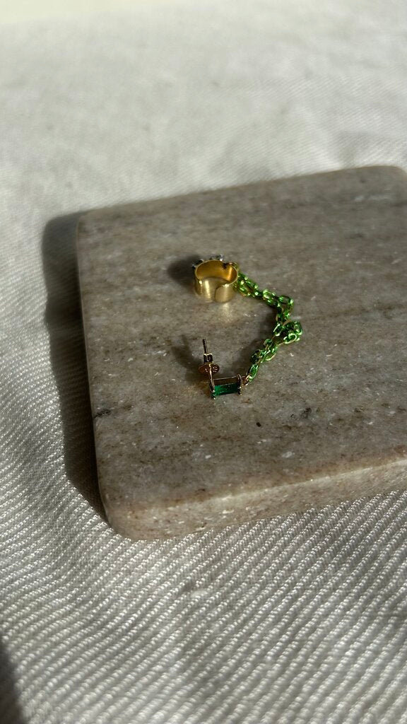 Pre-Owned Gold/Green Gem Inset Single Earring Chain Cuff