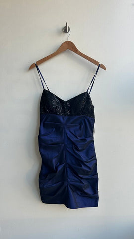 Pre-Owned Le Chateau Shimmer Blue with Black Sequin Bustier Ruched Spaghetti Strap Dress- Size 11/12