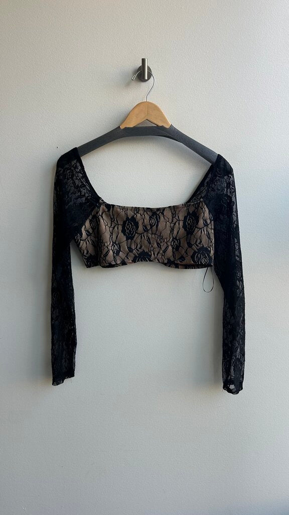 Pre-Owned Black Lace Long Sleeve Crop Top with Beige Bust- Size Medium