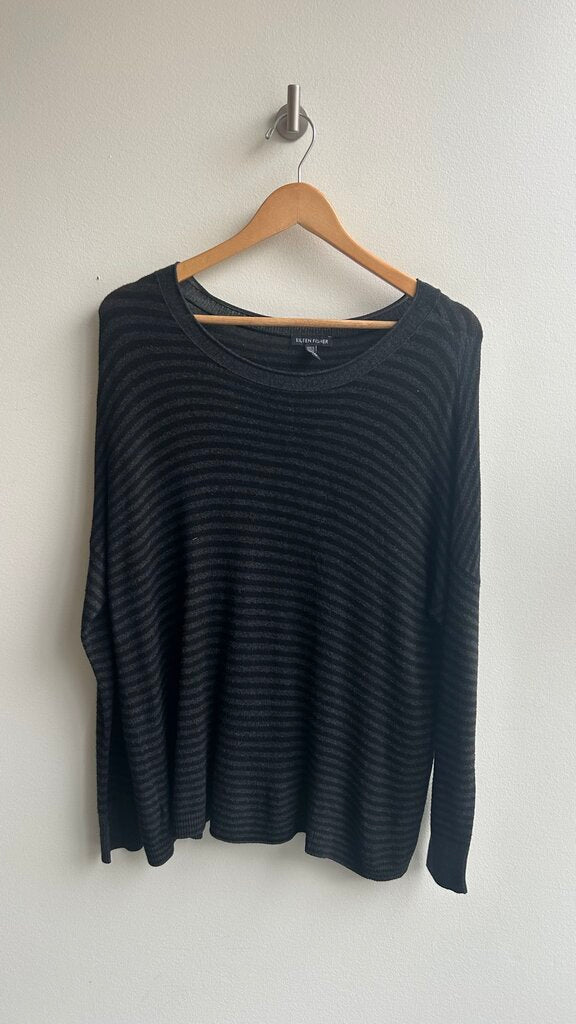 Pre-Owned Eileen Fisher Black/Grey Stripe Long Sleeve Top - Size Small
