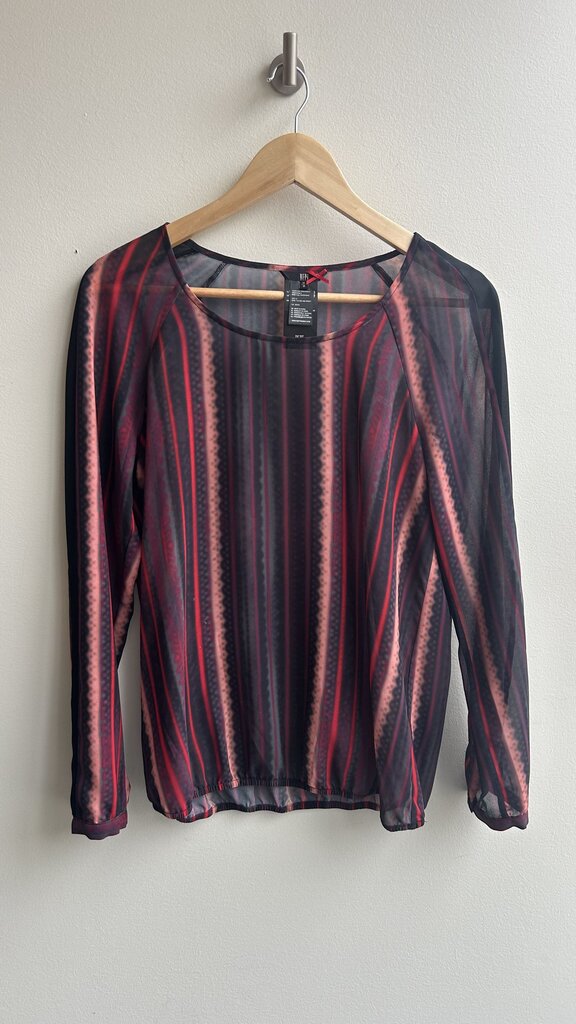 Pre-Owned DEPT Black/Pink/Red Stripe Sheer Long Sleeve Blouse - Size Medium