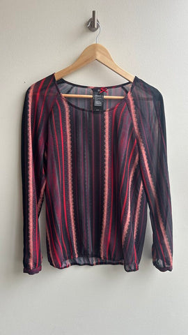 Pre-Owned DEPT Black/Pink/Red Stripe Sheer Long Sleeve Blouse - Size Medium